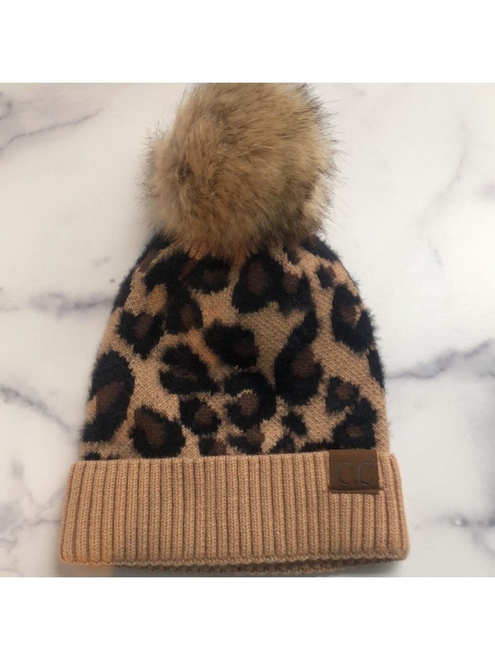 C.C Exclusives Soft Beanie Hat with Leopard Print Pattern and Faux Fur Pom